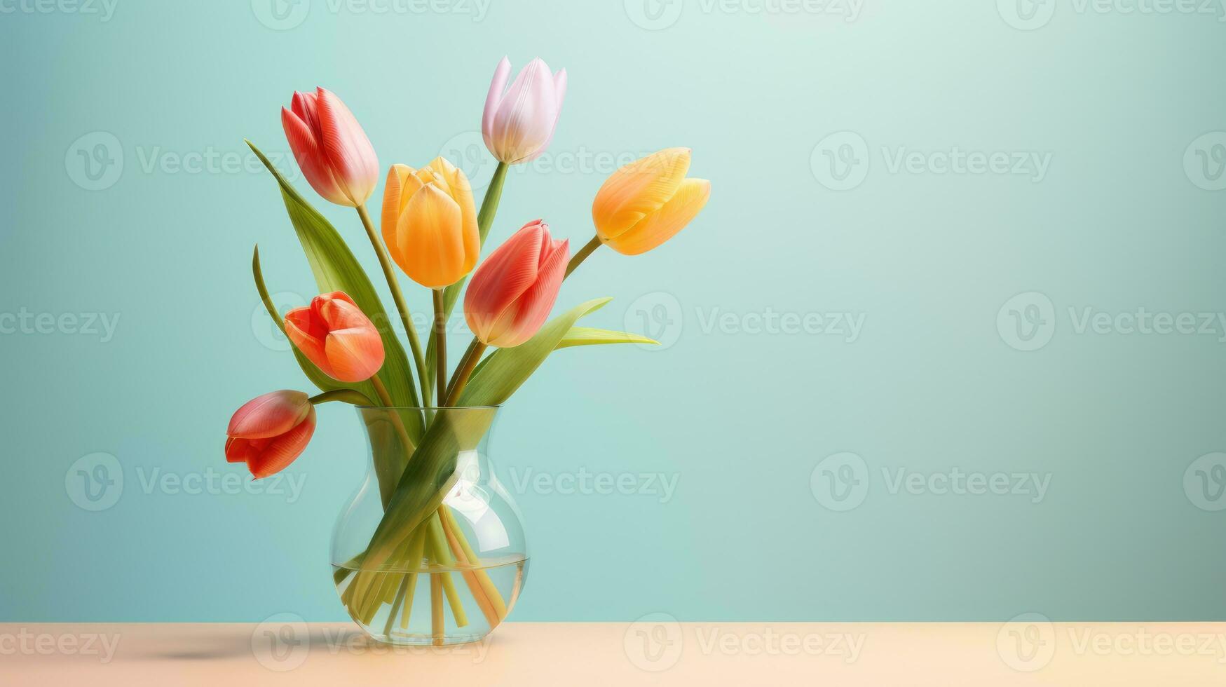 AI generated Colorful Tulips in glass vase on blue background with empty place Composition of spring bouquet on table and copy space for Mother's or Women's Day. Minimalistic design and pastel colors. photo