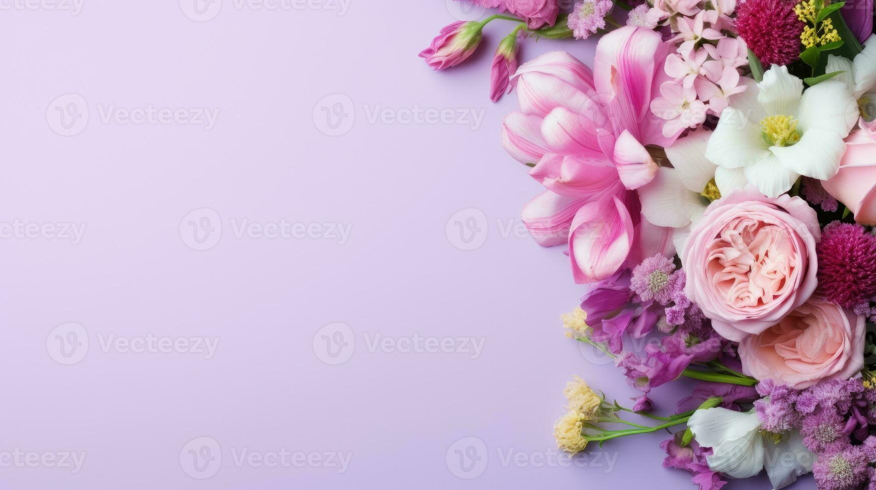 AI generated Spring Floral empty background. Flat lay of summer meadow flowers sale illustration and text space. Wedding invitation and greeting card, Happy Women and Mother day Banner copy space. photo