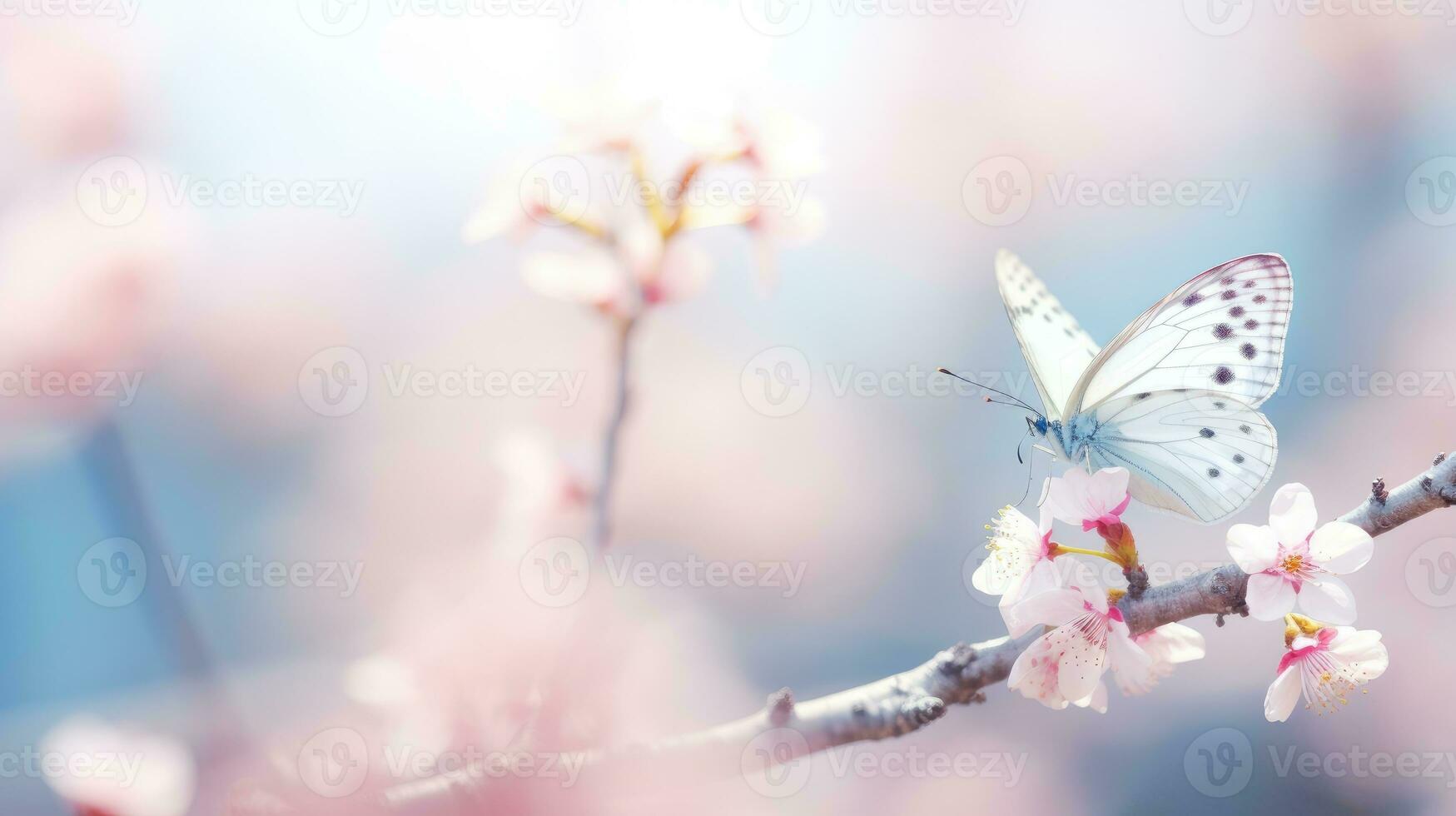 AI generated Close up Butterfly on branch of flowering tree with Blurred spring background and copyspace. pastel floral banner with copy space. Template congratulations on Mother's Day and holidays. photo
