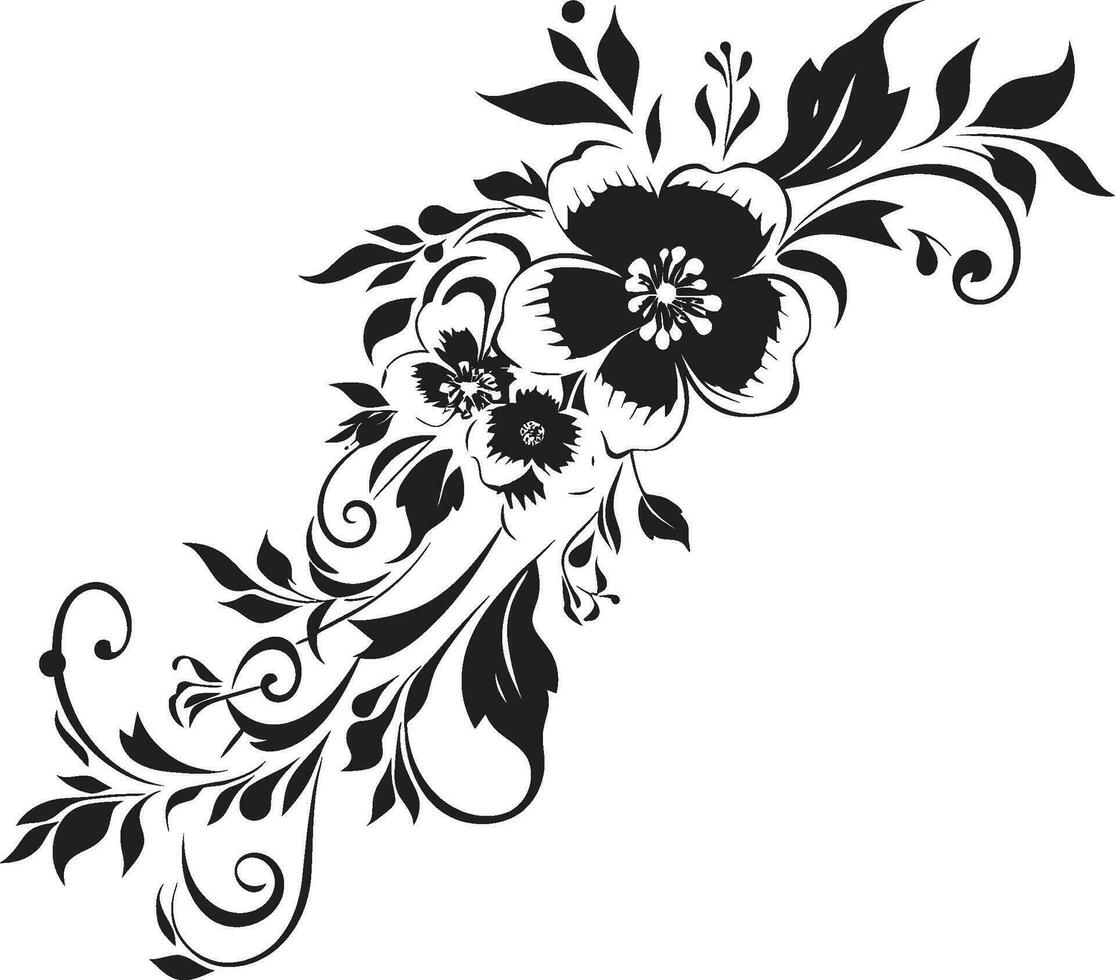Artistic Floral Cascade Hand Drawn Black Iconic Design Intricate Noir Whirls Hand Rendered Vector Emblem