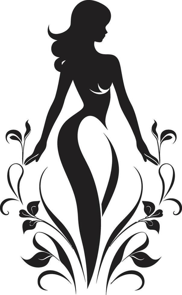 Elegant Flora Ensemble Black Vector Woman Silhouette Emblem Graceful Bloom Adornments Artistic Full Body Logo Icon