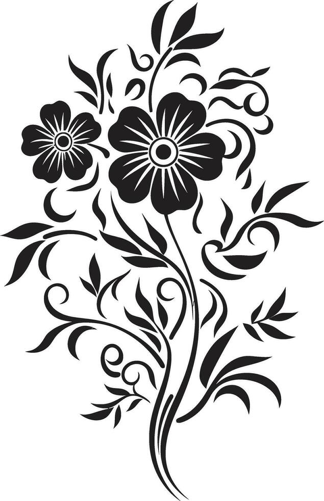 Whimsical Floral Whirl Black Iconic Emblem Mystical Noir Composition Hand Drawn Vector Icon