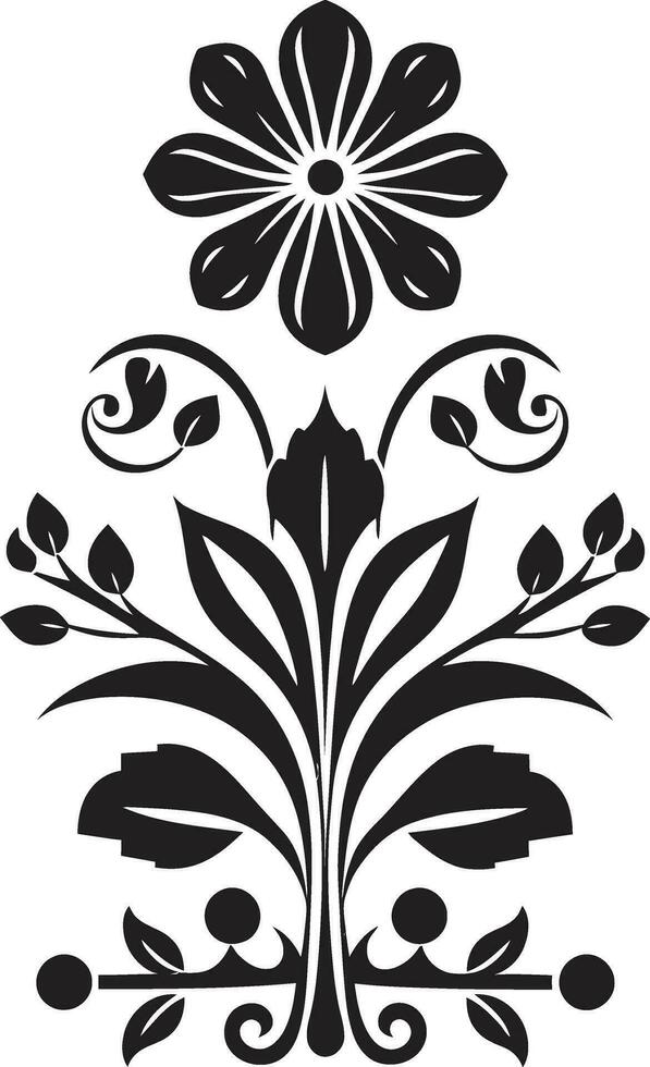 Petal Mosaic Geometric Tile Icon in Black Botanical Symmetry Floral Vector Tile Design