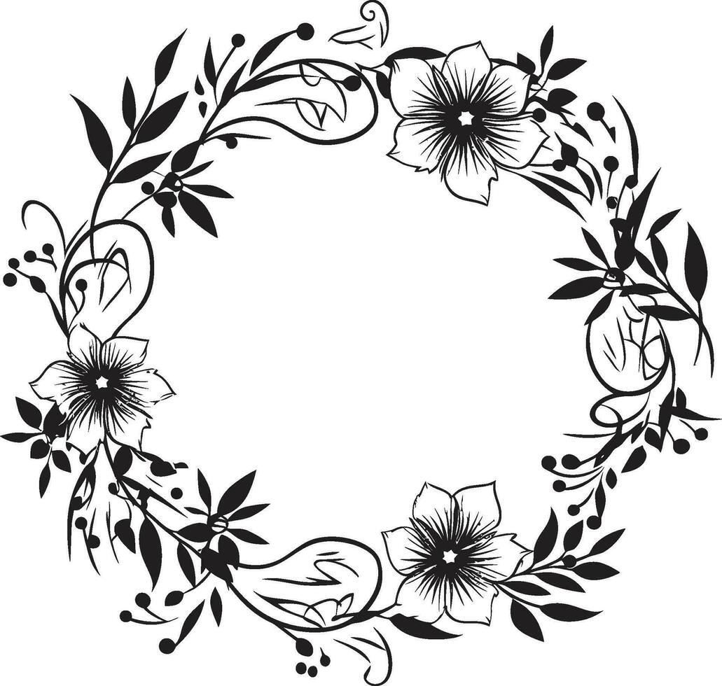 Minimalist Wedding Florals Black Iconic Emblem Sophisticated Floral Wreath Handcrafted Vector