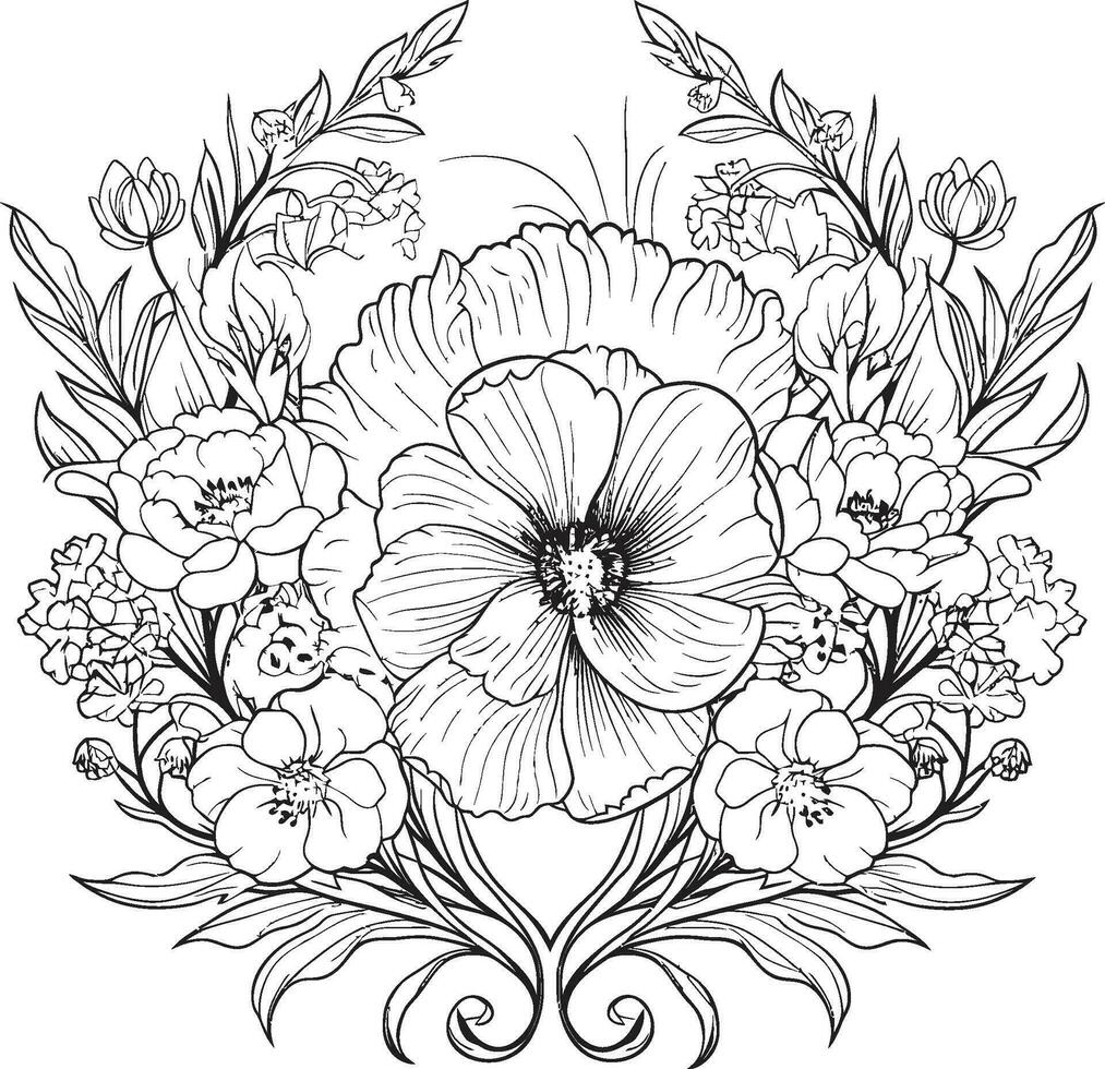 Botanic Petal Encase Decorative Black Icon Ethereal Blossom Boundary Black Frame Logo vector