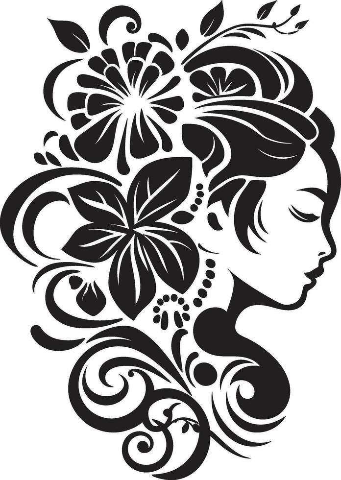 Whimsical Feminine Petals Elegant Black Emblem Modern Flower Portrait Artistic Vector Woman