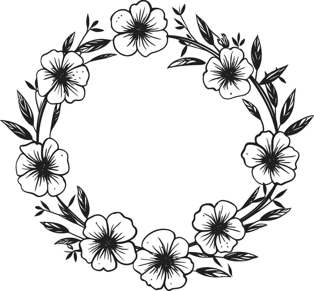 Clean Petal Wreath Black Hand Drawn Icon Whimsical Floral Array Vector Emblem