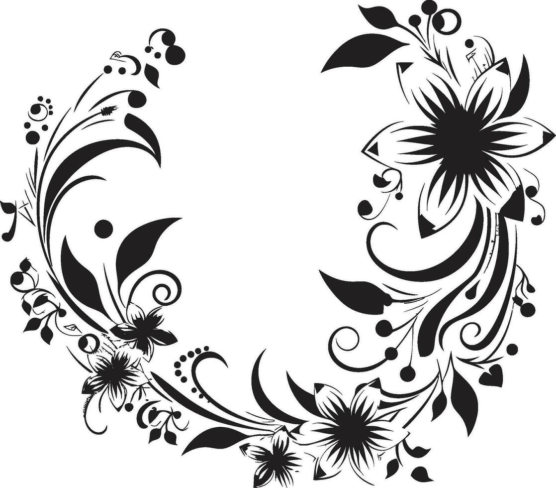 Noir Petal Beauty Hand Rendered Vector Logo Design Whimsical Floral Whirl Black Iconic Emblem