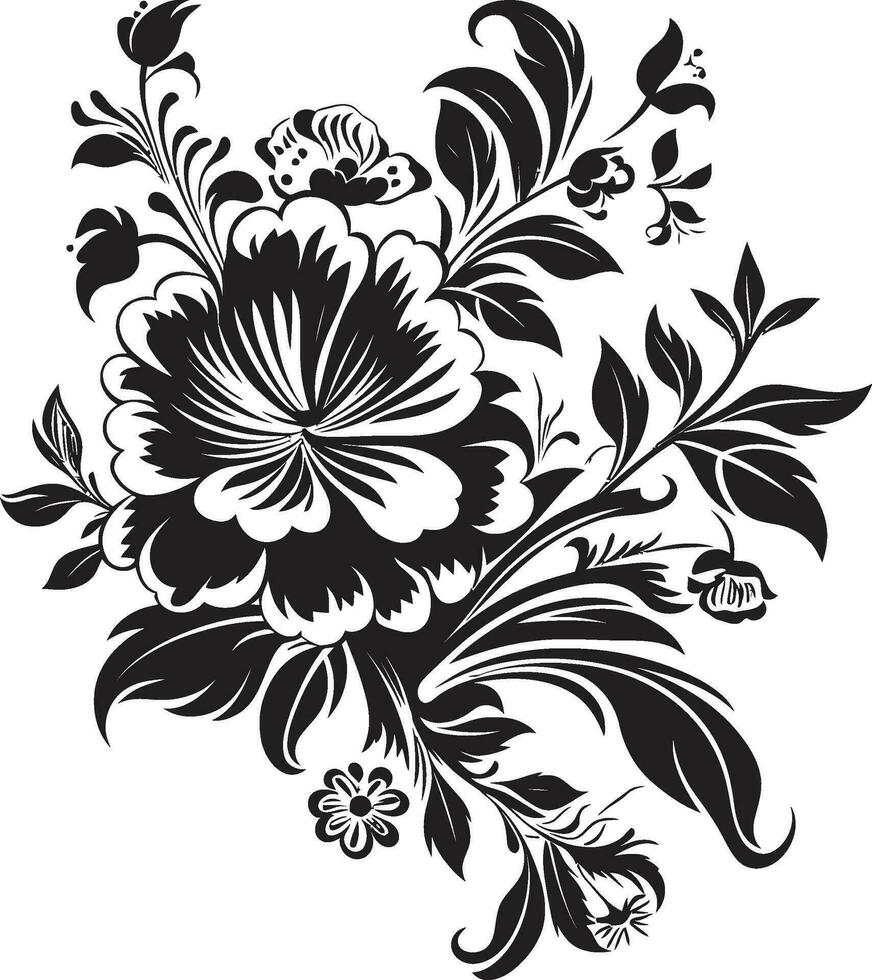 Intricate Petal Scrolls Ornate Black Emblem Icons Whimsical Noir Blooms Invitation Card Graphic Elements vector