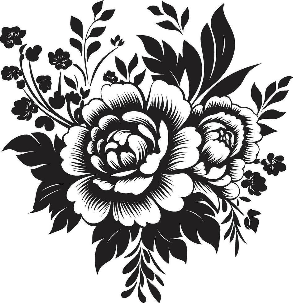 Botanic Blossom Fusion Black Floral Icon Ethereal Floral Posy Decorative Black Icon Design vector