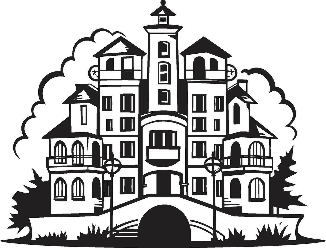 Whimsy Building Silhouette Cartoon Sketch Vector Logo Cityscape Doodle Cartoon Building Sketch in Vector Icon