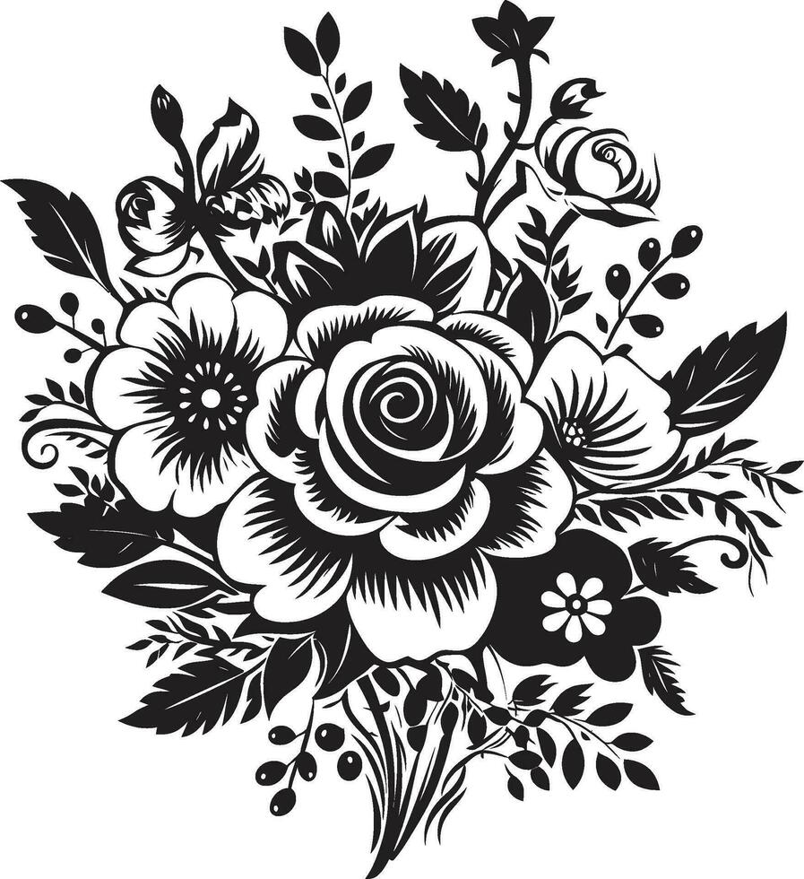 Intricate Floral Medley Black Bouquet Emblem Whimsical Bouquet Assembly Decorative Black Icon vector