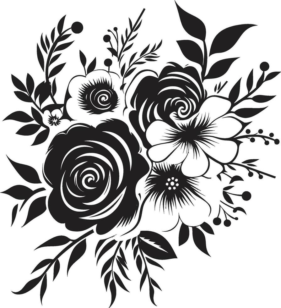 Mystic Bouquet Elegance Black Icon Design Vintage Blossom Posy Decorative Black Floral Logo vector