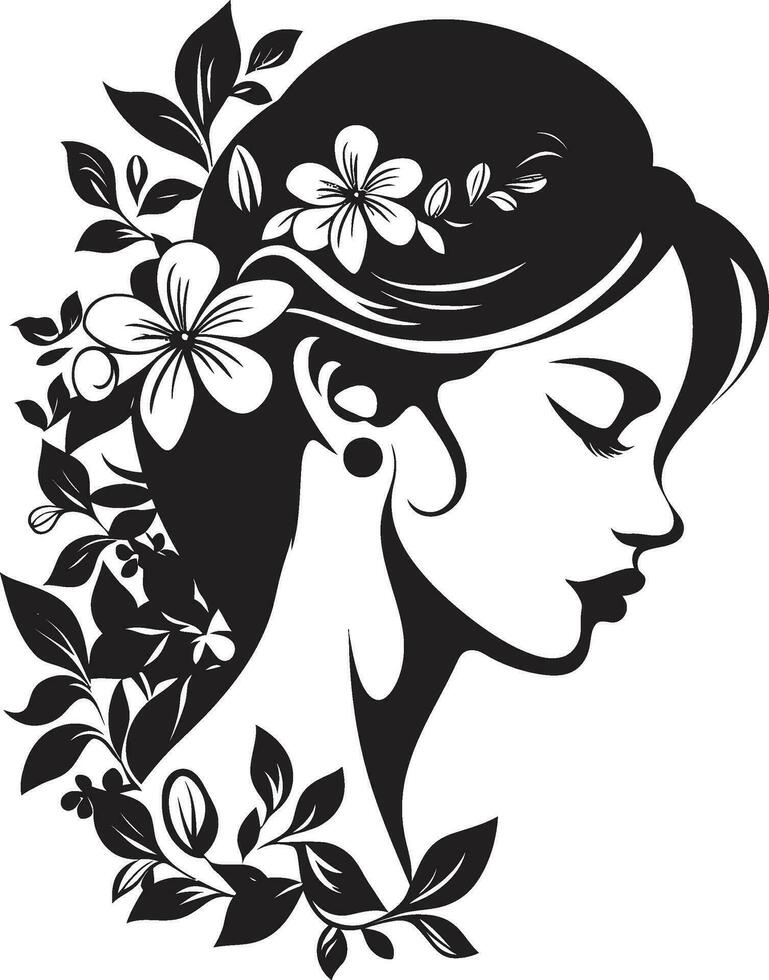 Whimsical Feminine Radiance Vector Face Modern Flower Portrait Black Woman Emblem