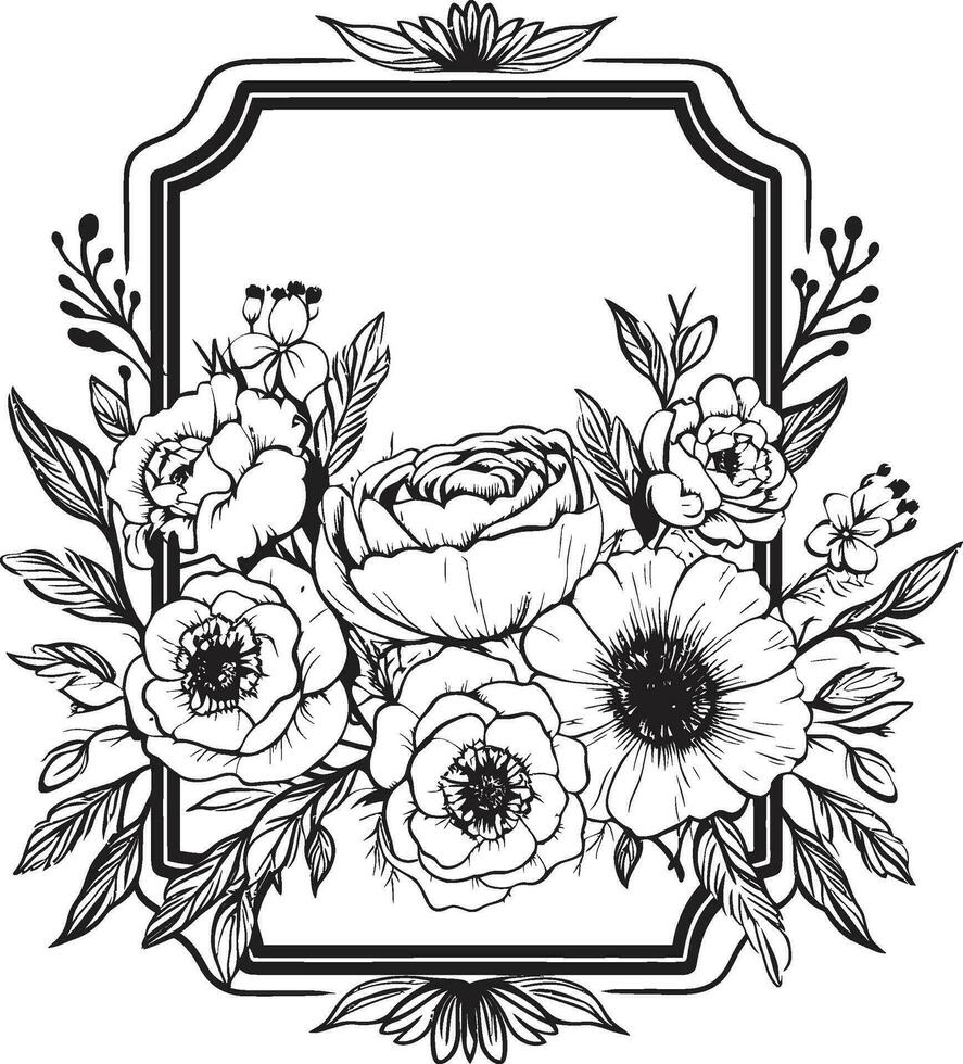 Elegance in Petals Black Frame Logo Blossom Whispers Vector Icon with Floral Frame