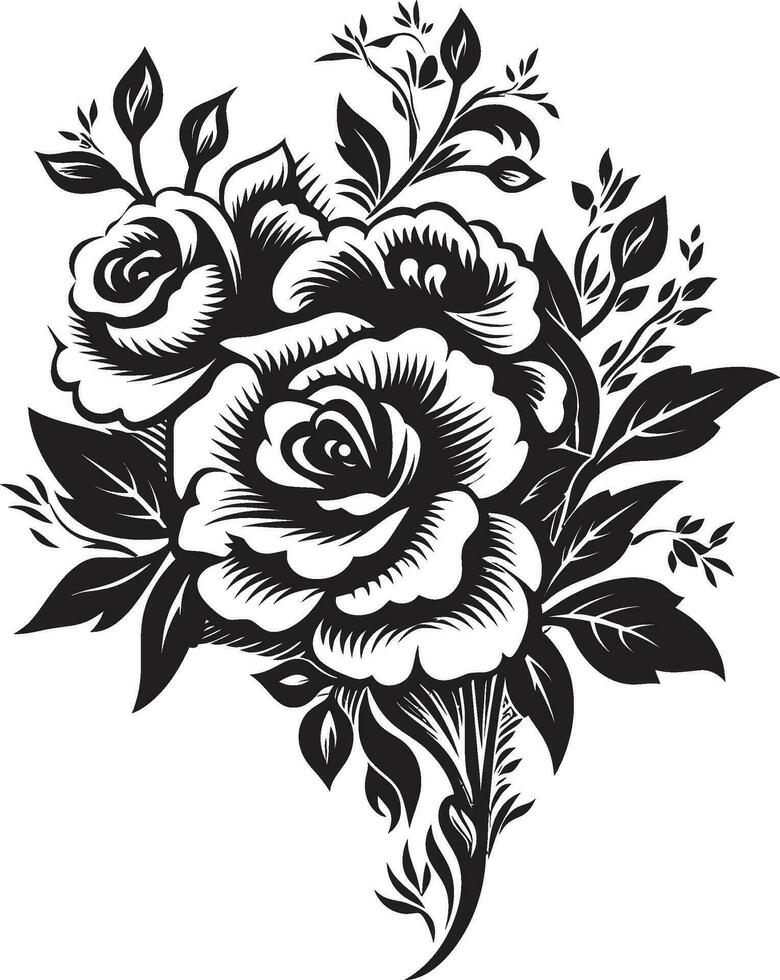 Gothic Flower Ensemble Decorative Black Icon Harmonious Petal Posy Black Emblem Design vector