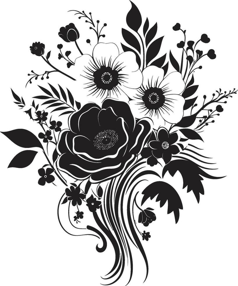 Regal Floral Medley Black Bouquet Emblem Design Chic Petal Posy Decorative Black Vector Icon