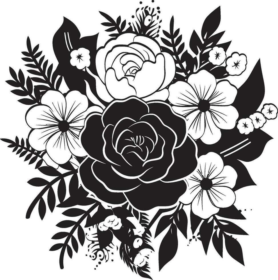 elegante pétalo fusión decorativo negro icono majestuoso ramo de flores fusión negro floral diseño vector