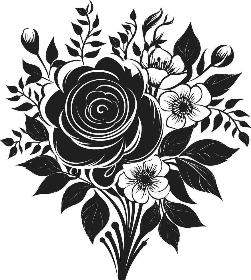 Gothic Bloom Ensemble Decorative Black Icon Harmonious Bouquet Posy Black Emblem Design vector