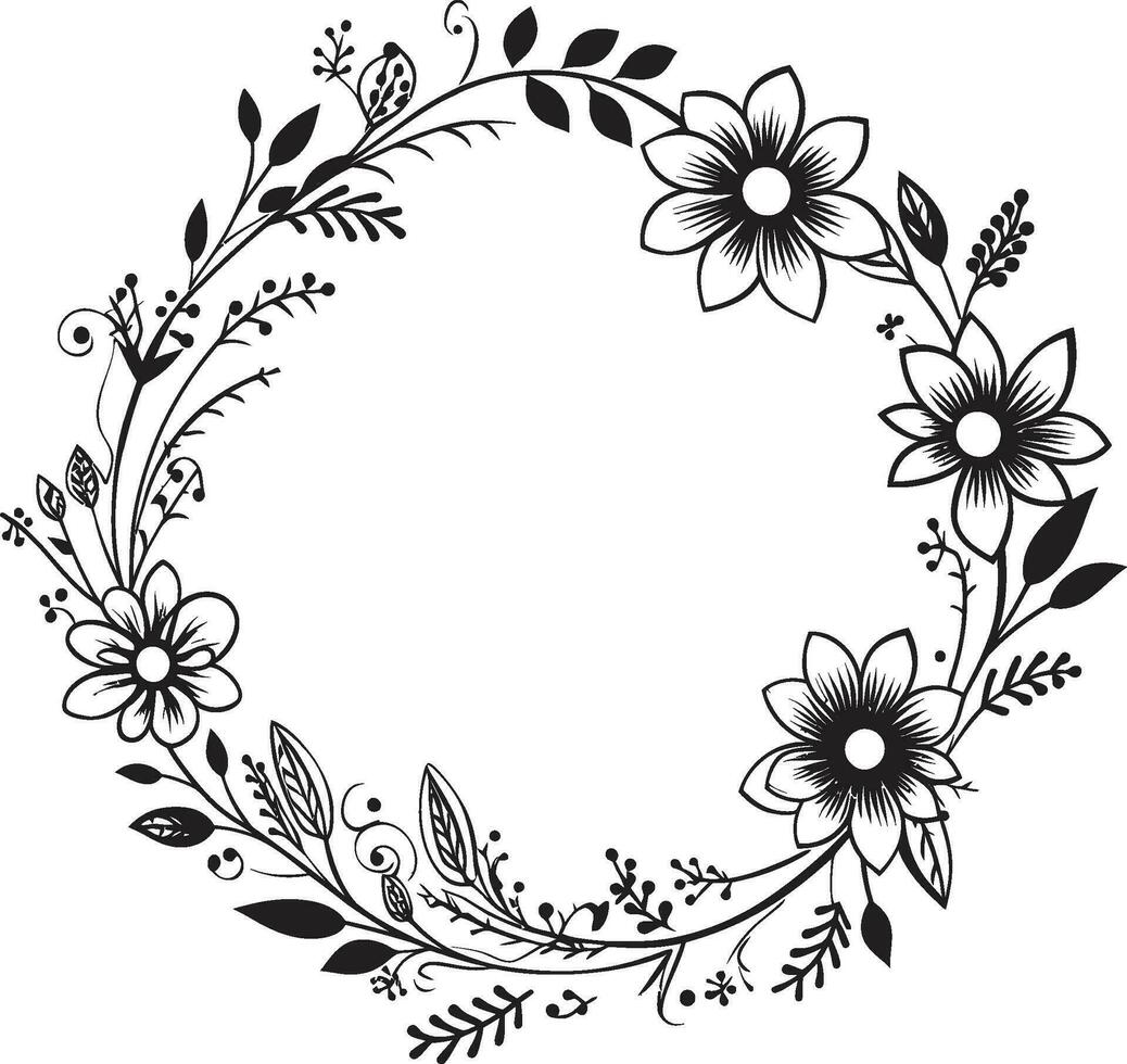 Sophisticated Floral Wreath Handcrafted Vector Icon Abstract Wedding Bloom Black Artistic Emblem