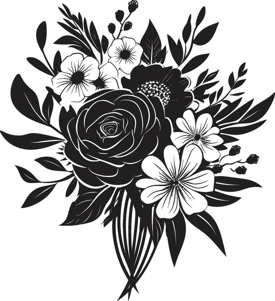 Whispering Bloom Medley Decorative Black Vector Regal Petal Posy Black Floral Emblem