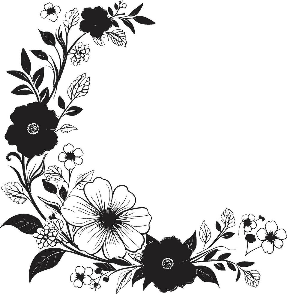 Intricate Petal Compositions Black Ornate Emblem Designs Whimsical Noir Blossom Impressions Invitation Card Icons vector