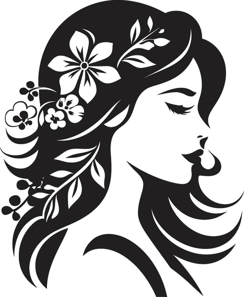 Chic Blooms Persona Woman Vector Design Clean Floral Beauty Black Hand Drawn Icon