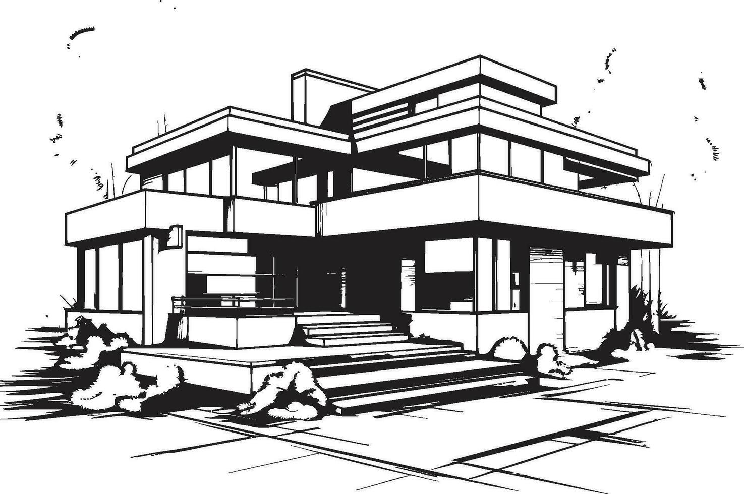 Trendy Urban Villa Impression Black Outline Symbol of City Sophistication Cityscape Villa Sketch Modern House in Sharp Black Lines vector