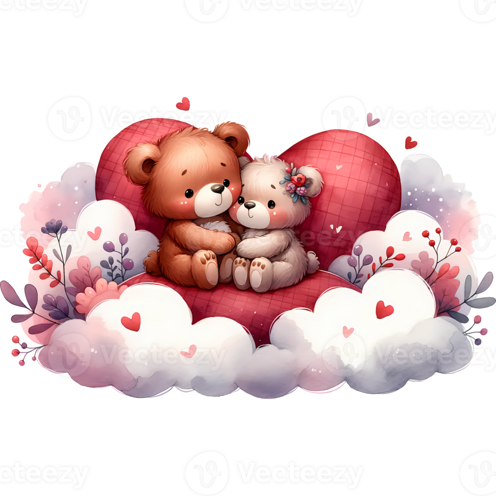 AI generated A cute cartoon couple of bears in love with heart for Valentines day greeting card, clipart png