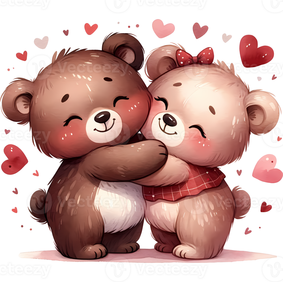 AI generated A cute cartoon couple of bears in love with heart for Valentines day greeting card, clipart png