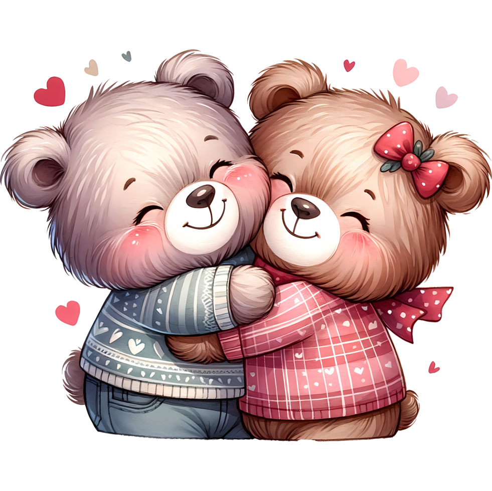 AI generated A cute cartoon couple of bears in love with heart for Valentines day greeting card, clipart png