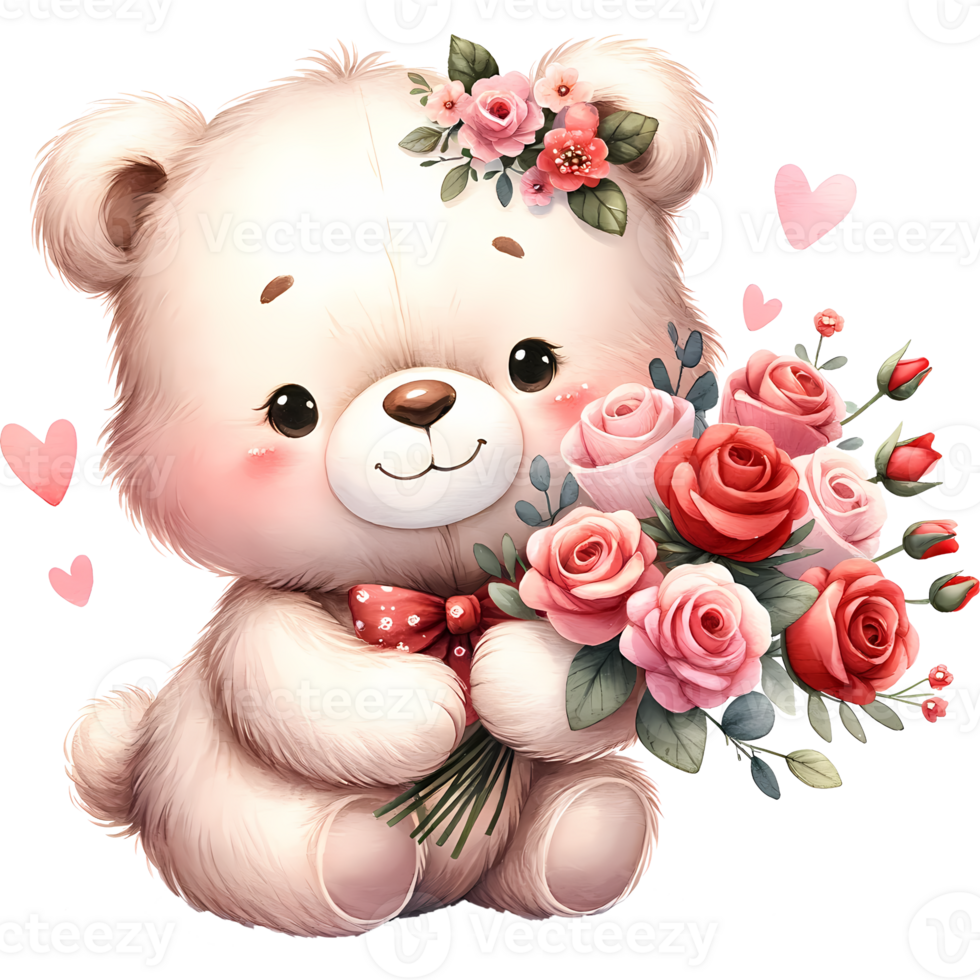 AI generated A cute cartoon couple of bears in love with heart for Valentines day greeting card, clipart png