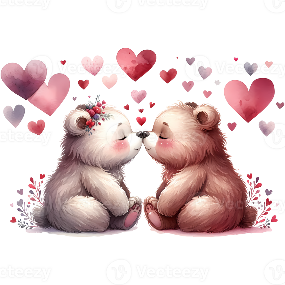 AI generated A cute cartoon couple of bears in love with heart for Valentines day greeting card, clipart png