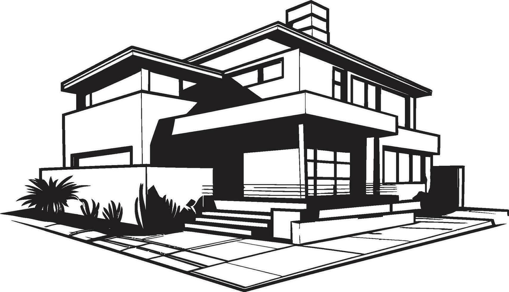 Cityscape Villa Impression Black Outline Emblem of Urban Living Urban Villa Sketch Modern House Icon in Crisp Black Lines vector