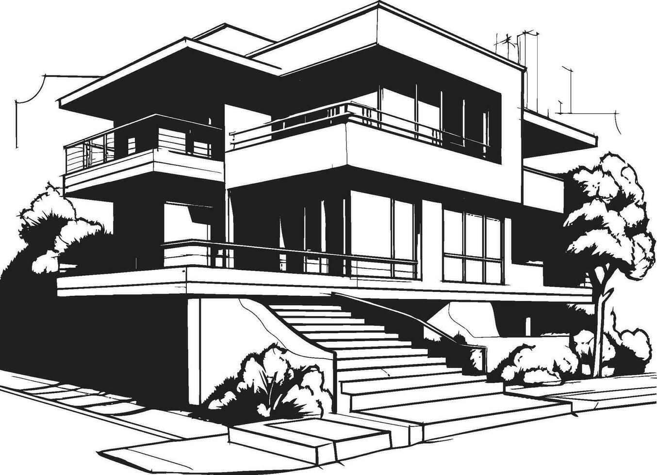 Stylish Cityline Abode Modern Villa Icon in Black Lines Trendy Urban Residence Villa Outline in Sharp Black vector