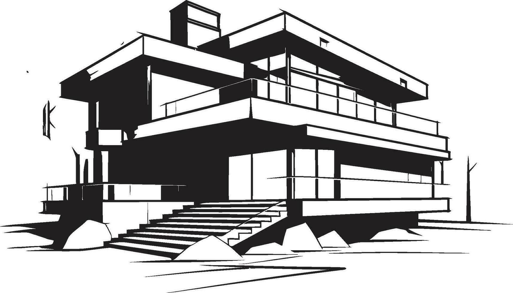 Cityscape Mansion Sketch Modern Villa Icon in Crisp Black Lines Stylish Cityline Abode Villa Vector Outline in Urban Flair