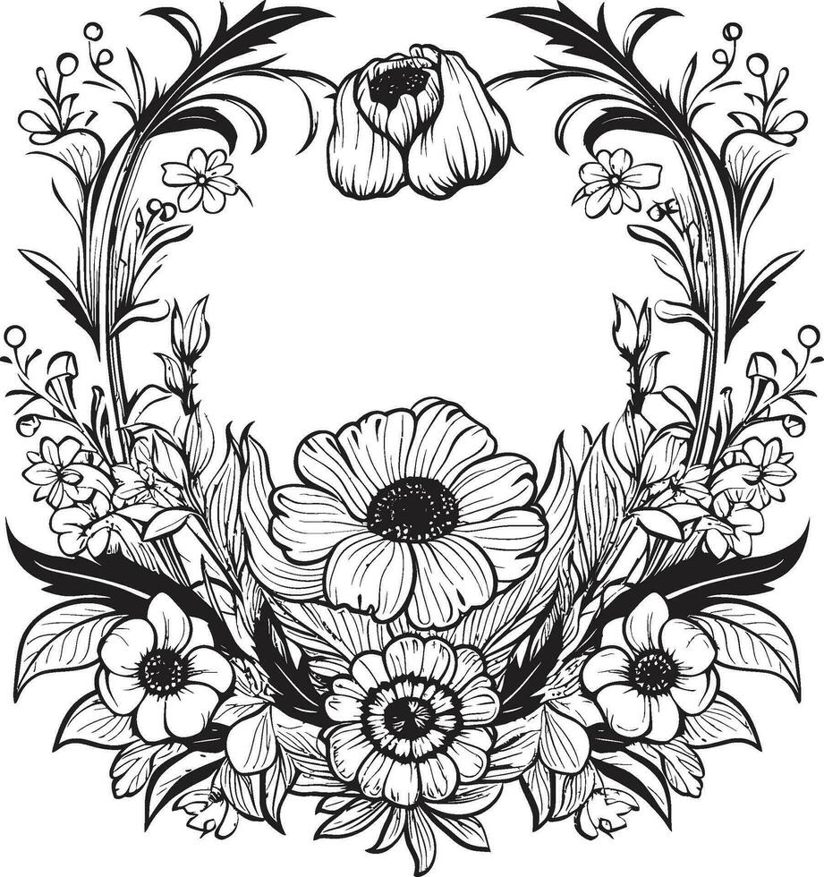 Harmonious Floral Embrace Decorative Black Emblem Elegant Blossom Frame Black Frame Icon vector