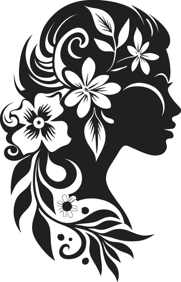Elegant Floral Contours Vector Black Face Graceful Petal Portrait Artistic Woman Icon