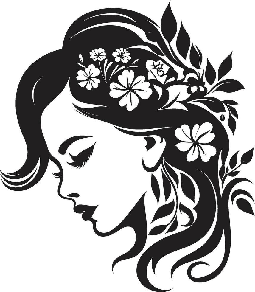 minimalista floral resplandor negro mujer icono sofisticado floración aura hecho a mano emblema vector