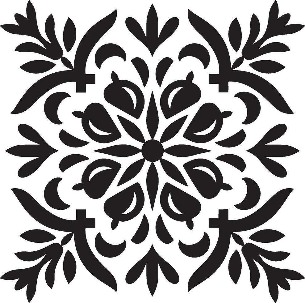 Vector Mosaic Garden Black Tile Floral Design Intricate Petal Grid Geometric Black Vector Icon