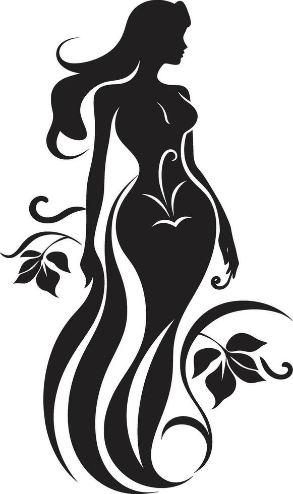 Graceful Full Body Florals Black Emblem Design with Woman Chic Floral Harmony Woman Vector Profile with Blossoms