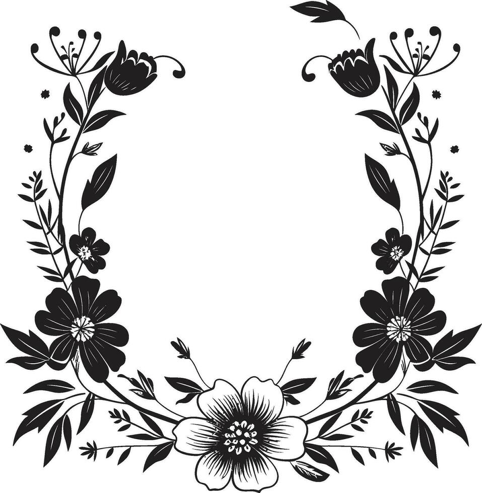 Harmonious Frame Flourish Black Frame Logo Elegant Blossom Encase Decorative Black Icon vector