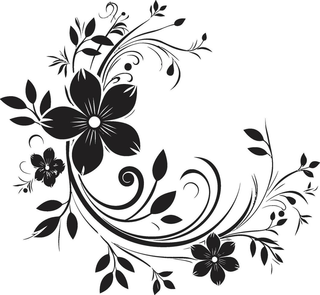 Whimsical Floral Whirl Black Iconic Emblem Mystical Noir Composition Hand Drawn Vector Icon