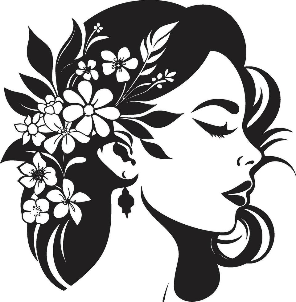 Modern Flower Portrait Black Woman Emblem Artistic Blossom Essence Elegant Vector Face