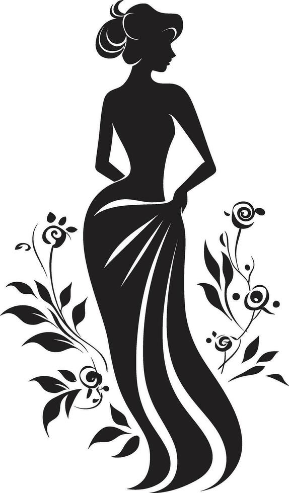 Graceful Full Body Florals Black Emblem Design with Woman Chic Floral Harmony Woman Vector Profile with Blossoms