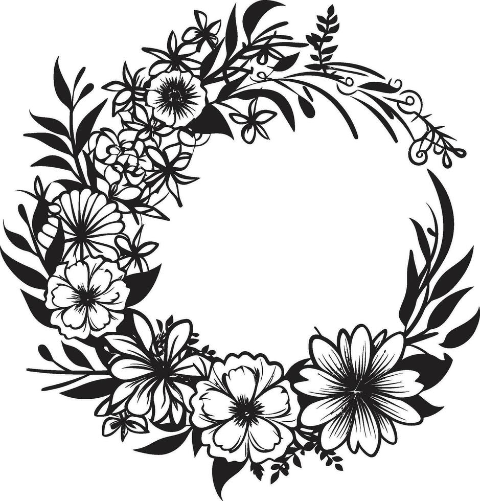 Minimalist Wreath Sketch Black Floral Emblem Sophisticated Wedding Florals Handcrafted Vector Emblem