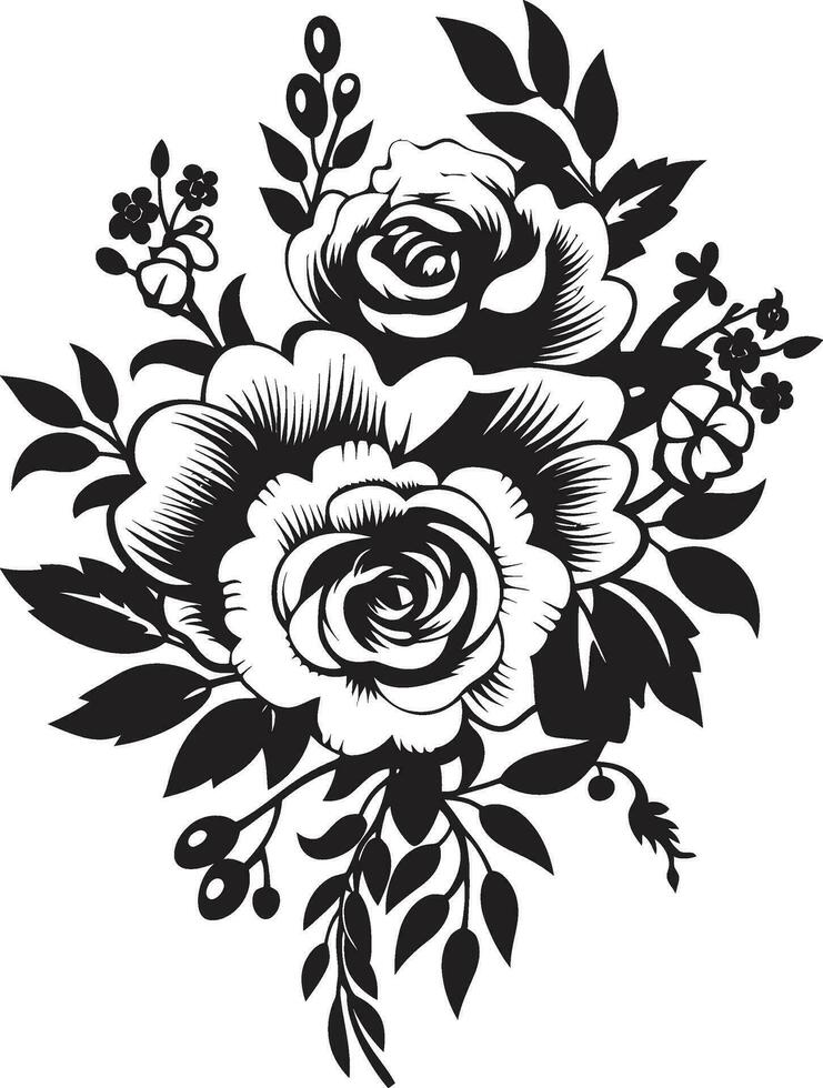 Graceful Posy Ensemble Decorative Black Icon Botanic Elegance Black Floral Bouquet vector