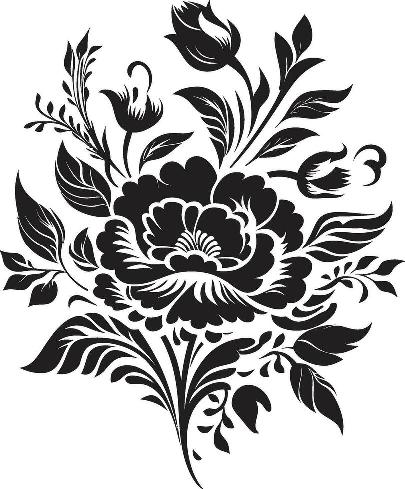 Clásico floral fusión negro ramo de flores icono radiante pétalo popurrí decorativo negro emblema vector