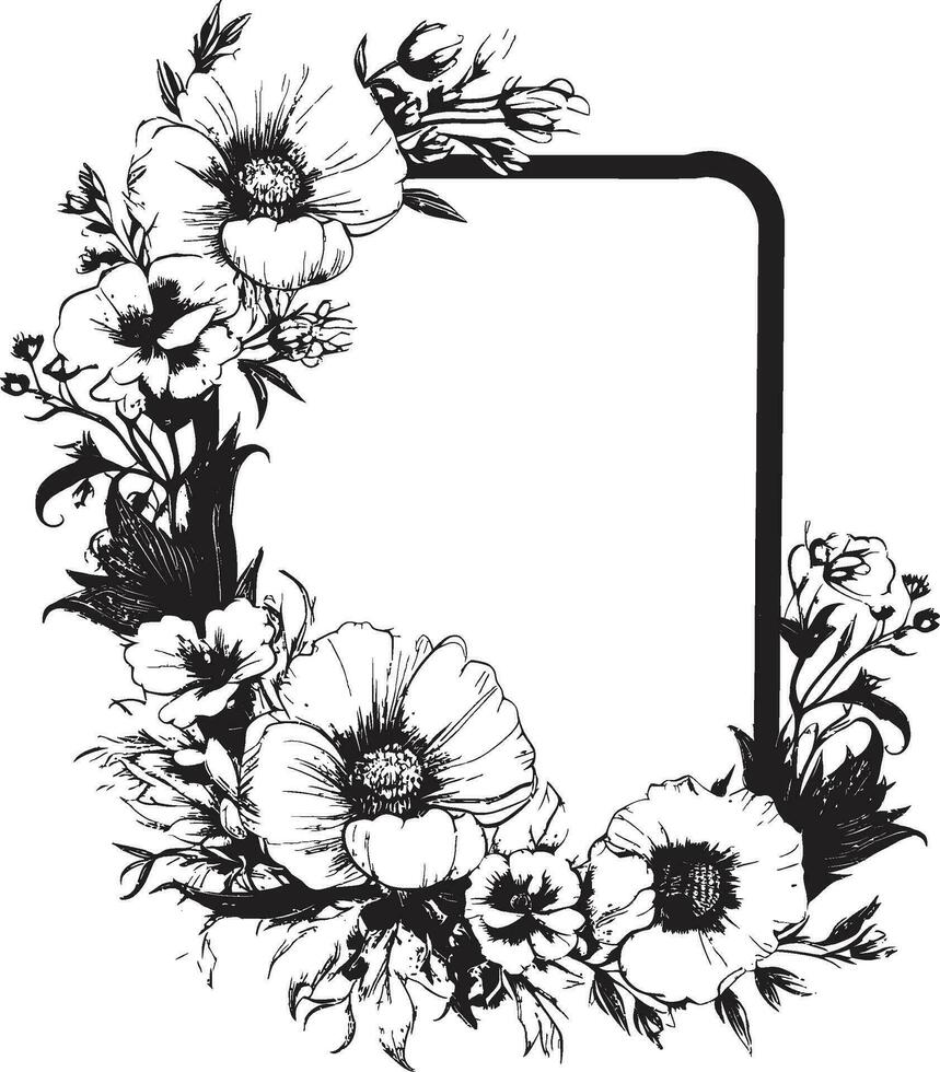 Vintage Bloom Boundary Black Floral Logo Sophisticated Frame Flourish Decorative Black Icon vector