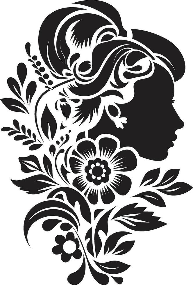 Graceful Floral Silhouette Black Face Emblem Chic Blooms Persona Woman Vector Design